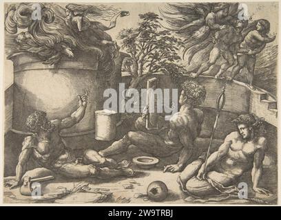 Caïn tenant un miroir regardant son sacrifice englouti dans les flammes, Adam et Ève assis à proximité ; en haut à droite un ange les expulsant du Paradis 1951 par Giulio Bonasone Banque D'Images