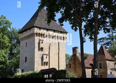 Manoir de la salle (15e siècle) à Saint-Léon-sur-Vézère. Composé d'un manoir et d'un donjon carré avec une tour d'angle, le Manoir de la salle est situé Banque D'Images