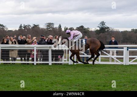 Ascot, Royaume-Uni. 23 décembre 2023. Horse Harper's Brooke (IRE) monté par le jockey Kielan Woods mène dans le Howden handicap Steeple Chase à l'hippodrome d'Ascot lors du meeting Howden Christmas Racing Weekend. Propriétaire les Megsons. Entraîneur Ben Pauling, Naunton. Parrainez Fitzdares. Crédit : Maureen McLean/Alamy Banque D'Images