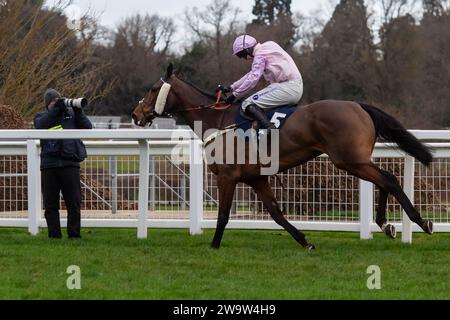 Ascot, Royaume-Uni. 23 décembre 2023. Horse Harper's Brooke (IRE) monté par le jockey Kielan Woods mène dans le Howden handicap Steeple Chase à l'hippodrome d'Ascot lors du meeting Howden Christmas Racing Weekend. Propriétaire les Megsons. Entraîneur Ben Pauling, Naunton. Parrainez Fitzdares. Crédit : Maureen McLean/Alamy Banque D'Images