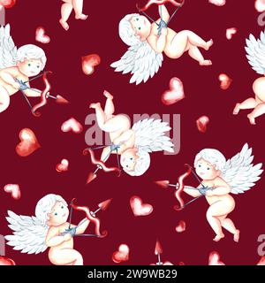 Modèle sans couture avec cupids mignons avec arc, flèches et coeurs. Petits anges. Illustration à l'aquarelle dessinée à la main. Sur fond rouge foncé. Pour valent Banque D'Images