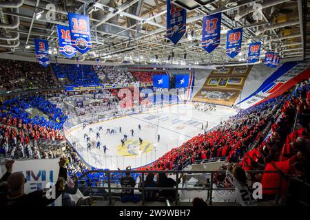 Chorégraphie impressionnante dans la SAP Arena à guichets fermés lors du match entre Adler Mannheim et les Sharks de Cologne dans la DEL. Les jeux au temps de Noël ar Banque D'Images