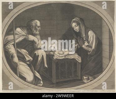 La Vierge agenouillée en prière devant l'enfant Christ qui est couché sur une boîte en bois, Saint Joseph à gauche, une mule à droite, dans un cadre ovale, d'après Reni 1951 d'Anonymous Banque D'Images