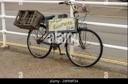 Blakeney, Norfolk, Royaume-Uni – décembre 29 2023. Publicité pour vélo Samphire à vendre dans le village côtier de Blakeney sur la côte nord de Norfolk Banque D'Images