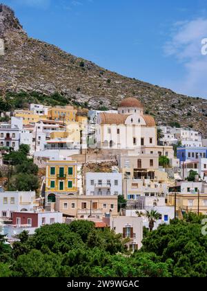 Vue vers l'église du Christ, Platanos, Agia Marina, l'île de Leros, Dodécanèse, Grèce Banque D'Images