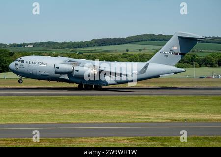 United States Air Force McDonnell Douglas C-17a Globemaster III 89-1191 atterrissage à l'aéroport Glasgow-Prestwick, Écosse, Royaume-Uni, Royaume-Uni Banque D'Images