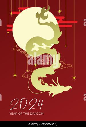 Joyeux nouvel an chinois 2024 dragon volant. Forme de dragon asiatique doré sur le vecteur de fond rouge. Illustration de Vecteur