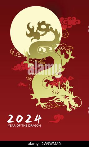 Dragon asiatique doré volant sur le ciel avec des nuages orientaux. Joyeux nouvel an chinois de la carte de voeux vecteur dragon 2024. Illustration de Vecteur