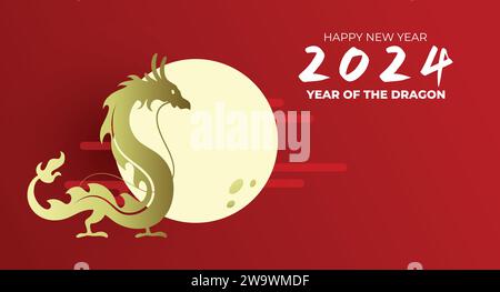 Silhouette de dragon chinois pour le nouvel an 2024. Forme de dragon asiatique doré sur un fond rouge avec des nuages orientaux et la pleine lune. Illustration de Vecteur