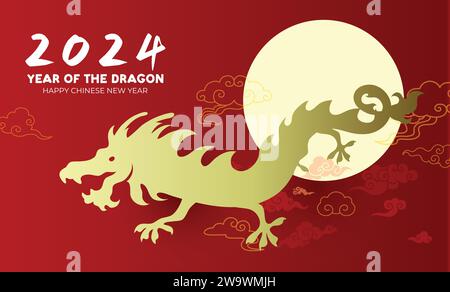 Dragon chinois volant sur le ciel de lune 2024 carte. Carte minimaliste du nouvel an lunaire avec forme de dragon doré sur fond rouge. Illustration de Vecteur