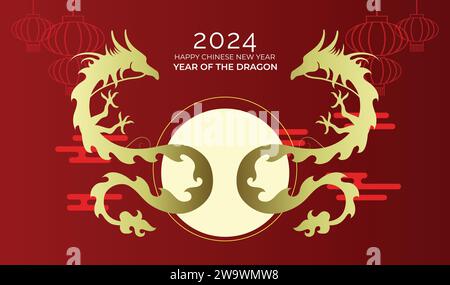 Deux dragons asiatiques silhouette bannière du nouvel an chinois. Dragons dorés se faisant face sur un fond rouge avec des nuages orientaux. Illustration de Vecteur