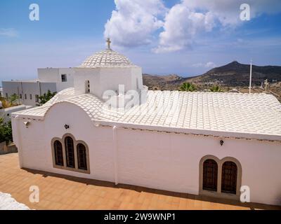 Église de Panagia i Diasozousa, Vierge Marie le Sauveur, vue surélevée, Patmos Chora, Île de Patmos, Dodécanèse, Grèce Banque D'Images
