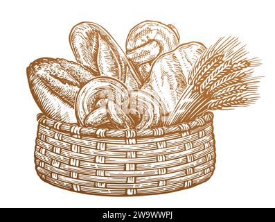 Divers types de pains et épis de blé dans le panier. Produits de boulangerie frais, esquisse illustration vectorielle vintage Illustration de Vecteur