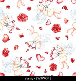 Modèle sans couture avec cupids mignons avec arc, flèches, coeurs et roses. Illustration à l'aquarelle dessinée à la main. Pour la Saint-Valentin et le mariage. Pour Postcar Banque D'Images