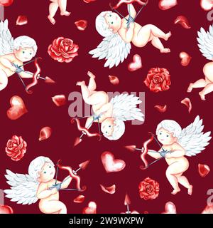 Modèle sans couture avec cupids mignons avec arc, flèches et coeurs. Petits anges. Illustration à l'aquarelle dessinée à la main. Sur fond rouge foncé. Pour valent Banque D'Images