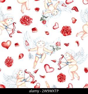 Modèle sans couture avec cupids mignons avec arc, flèches, coeurs et roses. Illustration à l'aquarelle dessinée à la main. Pour la Saint-Valentin et le mariage. Pour Postcar Banque D'Images