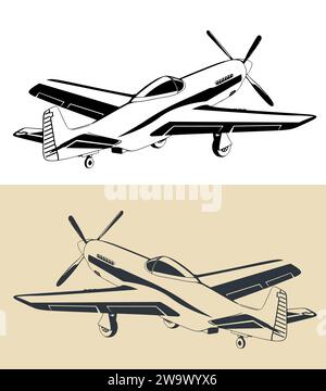 Illustration vectorielle stylisée d'un chasseur monoplace à longue portée et d'un chasseur-bombardier utilisé pendant la Seconde Guerre mondiale Illustration de Vecteur