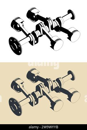 Illustration vectorielle stylisée du vilebrequin et des pistons d'un moteur horizontalement opposé Illustration de Vecteur