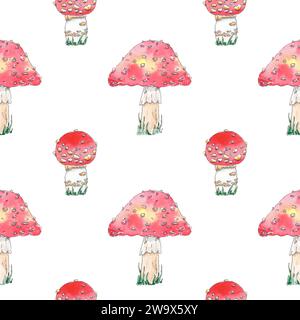 Mashrooms à l'aquarelle mouche modèle sans couture agaric dessiné à la main dans un style botanique. Art de la nature pour affiche de conception, papier peint, textile, fond Banque D'Images