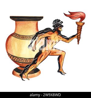 Une composition avec un athlète grec ancien coureur avec une torche, sur le fond d'une amphore. Dans le style de la peinture d'art grec ancien. Hand-dr Banque D'Images