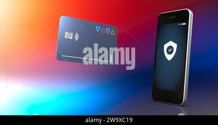 Carte bancaire et téléphone mobile haut de gamme pour sécuriser les opérations bancaires en ligne, les transferts d'argent et les envois de fonds - illustration 3D. Banque D'Images