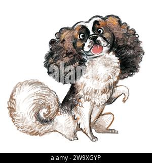 Mignon drôle personnage d'animal de compagnie de chien de bande dessinée. Illustration de chien de race cavalier King Charles Spaniel. Animal domestique ami humain à fourrure. Pour l'impression, la conception, l'autocollant Banque D'Images