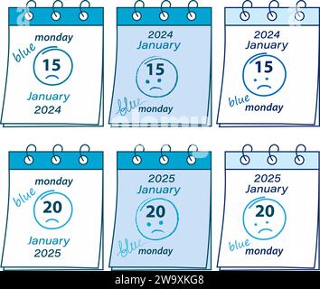 Feuilles de calendrier avec la date Blue Monday en janvier 2024, 2025 avec visage souriant dessiné à la main. 6 options. Grand ensemble. Isoler. EPS. Concept de conception de vecteur pour salutations ou invitations et d'autres utilisations différentes. Illustration de Vecteur