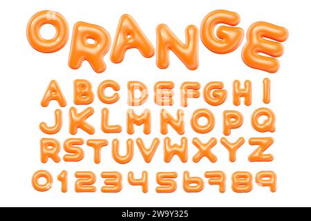 vecteur de style 3d de l'alphabet orange brillant gonflé et des chiffres sur fond blanc Illustration de Vecteur