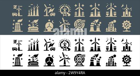 Énergie renouvelable de vecteur d'éolienne, énergie de sources alternatives et icônes d'ensemble respectueux de l'environnement avec fond transparent Illustration de Vecteur