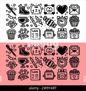 Vector Valentine Day doodle Set icône isolée sur fond rose et transparent Illustration de Vecteur