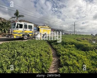 30 décembre 2023, Santa Barbara/Ventura, Californie, États-Unis : camion des pompiers du comté de Ventura devant des plantes succulentes de mer, à la belle Rincon point, au sud de Carpinteria dans le comté de Santa Barbara et juste au nord de Ventura, le 30 décembre 2023. Monster, King Tides apporte des vagues spectaculaires dans la région et les pompiers font le tour, en visitant les zones de baignade et de surf populaires le long de la côte centrale/sud. (Image de crédit : © Amy Katz/ZUMA Press Wire) USAGE ÉDITORIAL SEULEMENT! Non destiné à UN USAGE commercial ! Banque D'Images