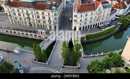 Drone photo triple pont, Tromostovje Ljubljana Slovénie Europe Banque D'Images