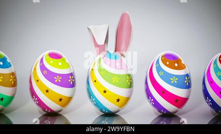 Œuf de Pâques avec oreilles de lapin parmi les œufs de pâques multicolores. Illustration 3D. Banque D'Images