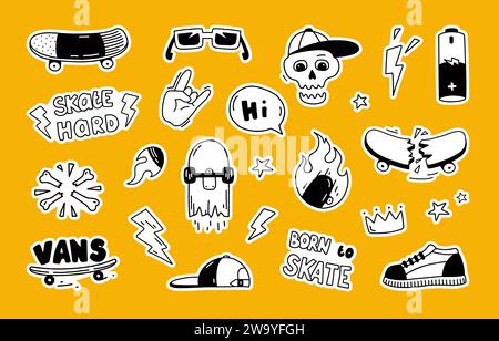 Autocollants pour skateboard. Graffiti de skate cool. Art urbain graphique Crâne sur planche de sport de patineur. Écusson imprimé T-shirt. Devis correctifs. Baskets tendance. Skatep Illustration de Vecteur