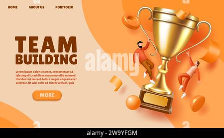 Conception de page d'accueil pour le team building. Gagnants et coupe de trophée, prix de champion, les gens gagnent la concurrence, les chefs d'employés de succès. Travail d'équipe en entreprise. 3d rend Illustration de Vecteur