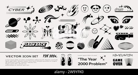 Éléments de l'an 2000. Logo anime rétro, formes streetwear ou rave et éléments isolés noir de l'espace, feu techno acide. Personnages emoji de sourire drôle, tatouage abstrait, étoiles vintage, symboles techno. Ensemble de vecteurs Illustration de Vecteur
