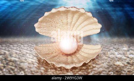 Huître avec une perle géante debout sur un lit de mer. Illustration tridimensionnelle. Banque D'Images