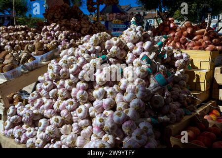 Bulbes d'ail frais à vendre sur un marché extérieur de Saint-Rémy-de-Provence, Bouches du Rhône, Provence Alpes-Cote d'Azur, France Banque D'Images