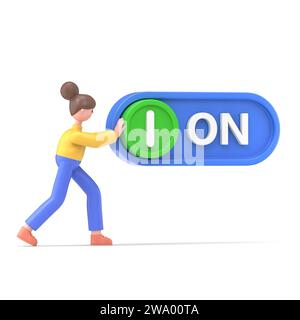 Illustration 3D de Cartoon caractère 3d appuie sur un bouton. Début du projet. Progression de l'ouverture. Activer l'interrupteur. Illustration 3D Flat design.rendu 3D sur W Banque D'Images