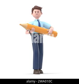 Illustration 3D de Cartoon caractère 3d avec crayon. Concept de Creativity.3D rendu sur fond blanc. Banque D'Images