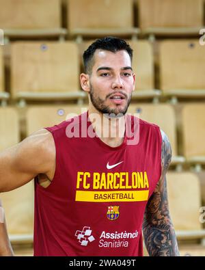 Le joueur #14 du FC Barcelone Guillermo Gustavo 'Willy' Hernangómez Geuer est vu en action avant le match entre L'AS Monaco et le FC Barcelone à la salle Gaston-Medecin à Monaco le jour 17 de l'Euroleague Turkish Airlines. Score final ; AS Monaco 91 : 71 FC Barcelone. Banque D'Images