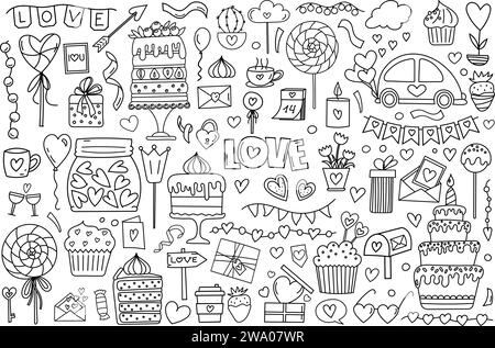 Ensemble de Doodle dessiné à la main dans Vector, avec Une page de coloriage anti-stress pour la Saint-Valentin avec des coeurs, des bonbons et des bonbons pour février 14, est Un livre de coloriage mignon Illustration de Vecteur