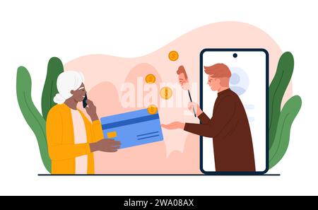 Voler de l'argent de vieille femme, arnaque et fraude en utilisant l'illustration vectorielle de téléphone mobile. Escroquerie de dessin animé tenant faux visage pour voler des informations financières de compte bancaire, carte de crédit de grand-mère Illustration de Vecteur