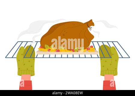 Chef cuisinier de dessin animé cuisine pour le dîner de Thanksgiving fond. Mains dans des gants de sécurité tenant la forme d'un bol avec de la dinde et des pommes de terre pour rôtir, vue avant de la porte ouverte de l'illustration vectorielle de four électrique. Illustration de Vecteur