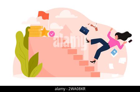 Obstacle et problème dans la carrière de femme d'affaires. Femme malheureuse montant des escaliers pour marquer la réalisation, récompense d'argent et reconnaissance, dame d'affaires déçue tombant illustration vectorielle de dessin animé Illustration de Vecteur