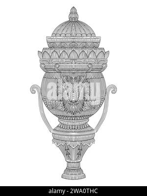 vase ancien avec tête de dragon et décoration de fleur, illustration de style dessin de gravure vintage Illustration de Vecteur