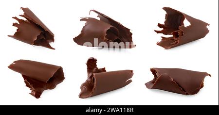 Nombreuses boucles de chocolat isolées sur blanc, collection Banque D'Images