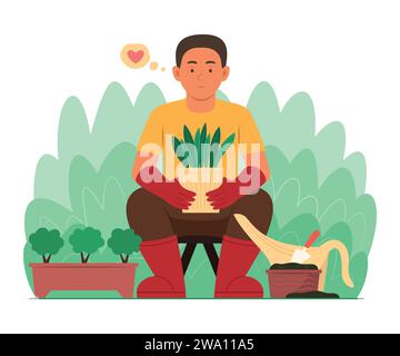 Jardinier Homme plantant un arbre avec pot dans le jardin Illustration de Vecteur