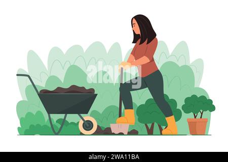 Jardinier Femme creusant le sol dans le jardin pour planter des plantes Illustration de Vecteur