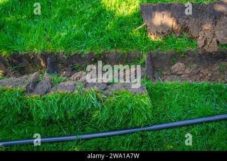 Auto-installation de l'irrigation avec un arroseur rétractable dans la pelouse finie. Pose de conduites d'eau avec des pulvérisateurs sous la pelouse pour l'irrigation. Banque D'Images